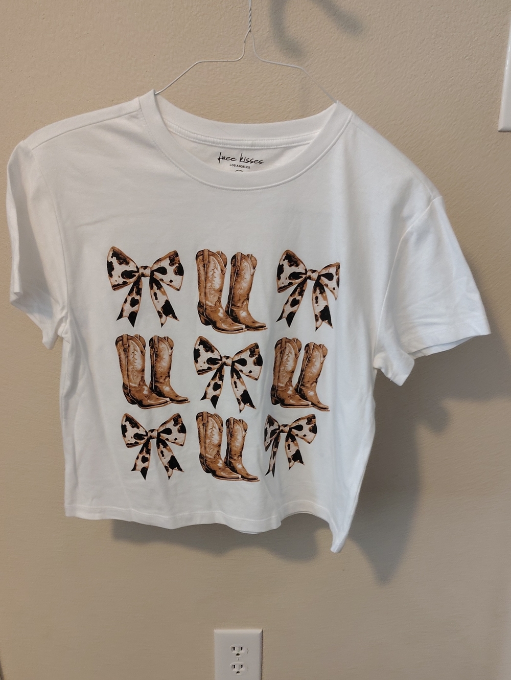 White Women's Boxy Cropped Graphic Tee with Brown Cowboy Boot & Bow Print